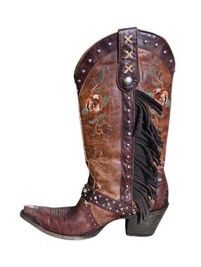 Old Gringo Brown Fringe Studded Embroidered Floral Leather Western Boots Size 10